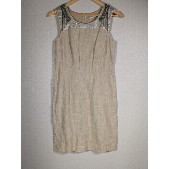 Loft Beige Linen Sleeveless Dress Size 2 Beaded Sequins - Picture 1 of 8